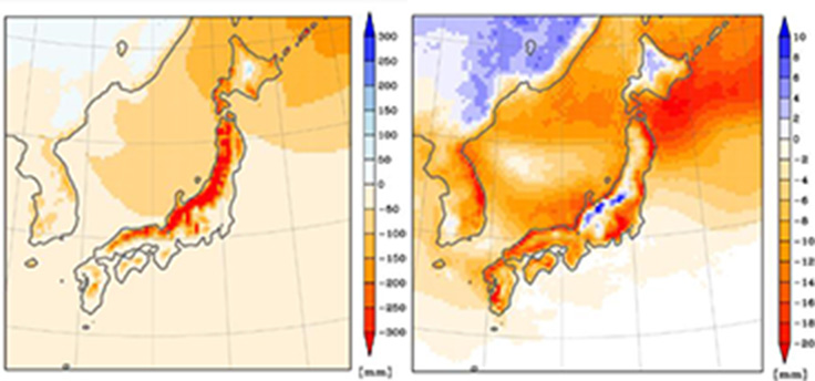 冬季(11月~3月)の総降雪量の将来変化(左)、10年に一度の大雪の将来変化(右)の一例 出典:気候変動の観測・予測及び影響評価統合レポート2018