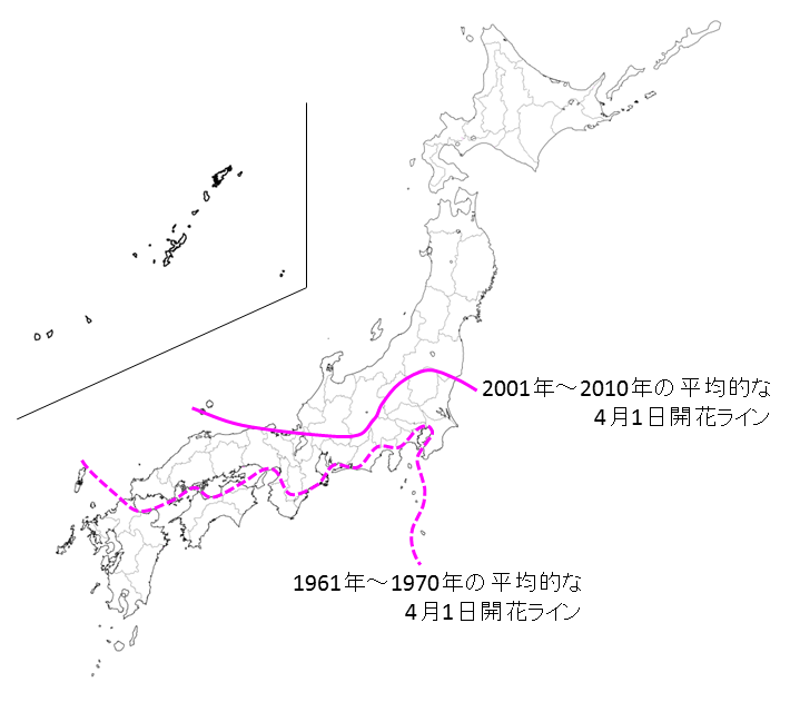 さくら（ソメイヨシノ）の4月1日の開花ラインの変化の図